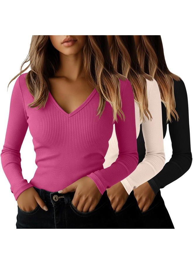 Ficerd 3 Pack Women's Long Sleeve T Shirts Cotton V Neck Slim Fit Tops Ribbed Knit Layering Casual Basic Tees 2025 Fall, Black, Cream, Rose Pink, M - Image 1