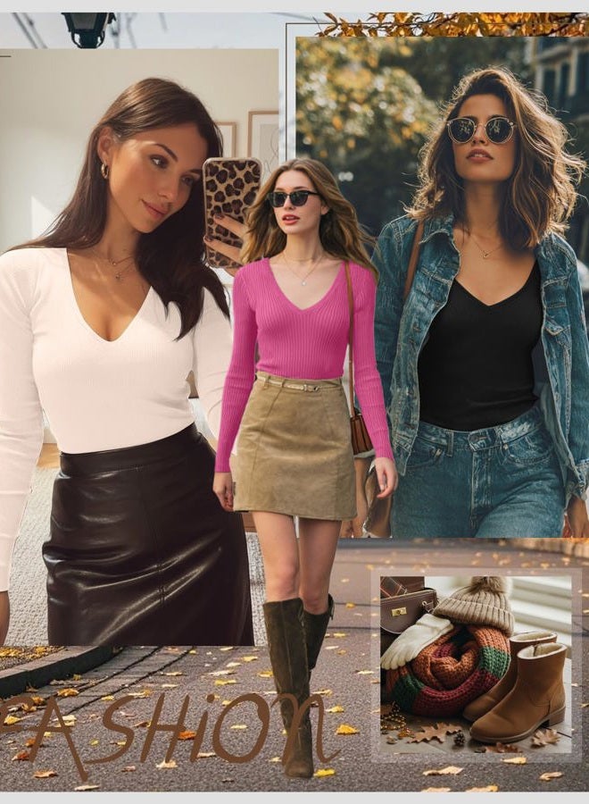 Ficerd 3 Pack Women's Long Sleeve T Shirts Cotton V Neck Slim Fit Tops Ribbed Knit Layering Casual Basic Tees 2025 Fall, Black, Cream, Rose Pink, M - Image 5