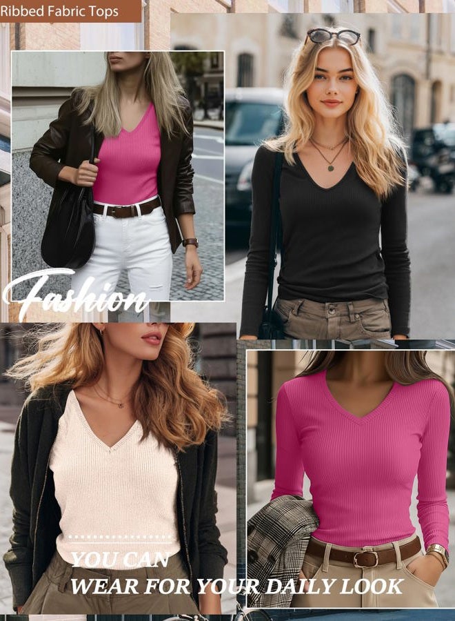 Ficerd 3 Pack Women's Long Sleeve T Shirts Cotton V Neck Slim Fit Tops Ribbed Knit Layering Casual Basic Tees 2025 Fall, Black, Cream, Rose Pink, M - Image 3