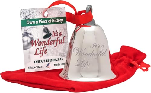 Bevin Bells “It’s a Wonderful Life” Silver-Plated Christmas Tree Ornament | Official Movie Bell Keepsake | Red Ribbon & Velvet Gift Bag Decoration, Christmas Decoration, Wedding Gifts - Image 1