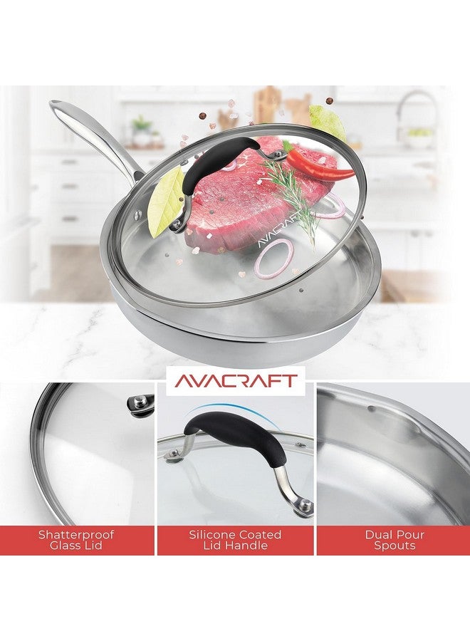 AVACraft مقلاة AVACRAFT 10 بوصة من الفولاذ المقاوم للصدأ ثلاثي الطبقات مع غطاء، فوهات جانبية، مقلاة تحريض، مقلاة فولاذية مقاومة للصدأ متعددة الاستخدامات، مقلاة في أواني الطهي لدينا (فولاذ مقاوم للصدأ ثلاثي الطبقات، 10 بوصة) - Image 4