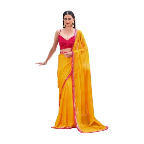 Shiv Textiles Women's Chiffon Lace Border Saree(KLS-7003-YELLOW-PINK) - Image 1
