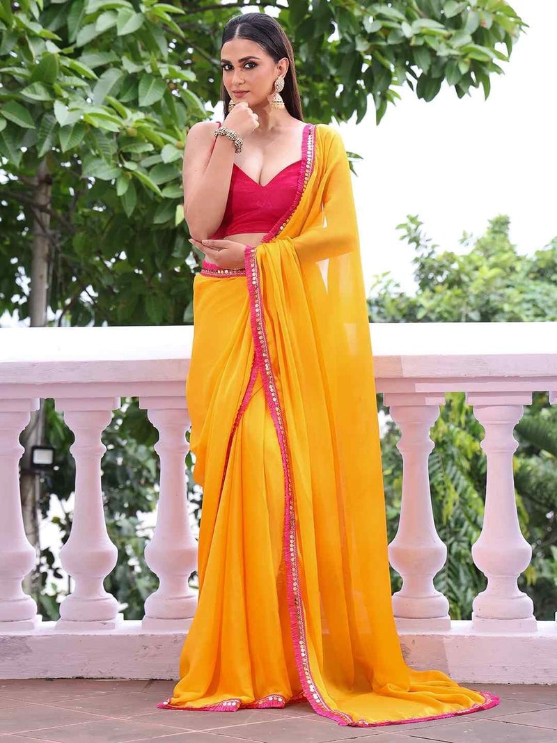 Shiv Textiles Women's Chiffon Lace Border Saree(KLS-7003-YELLOW-PINK) - Image 4
