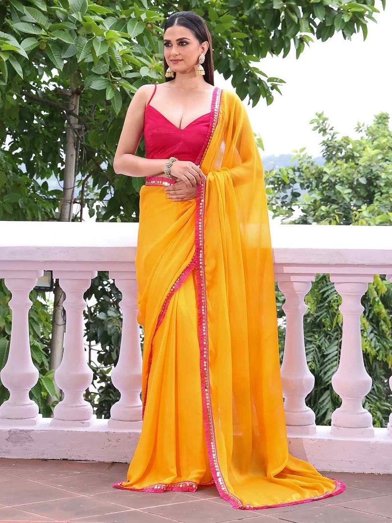 Shiv Textiles Women's Chiffon Lace Border Saree(KLS-7003-YELLOW-PINK) - Image 3
