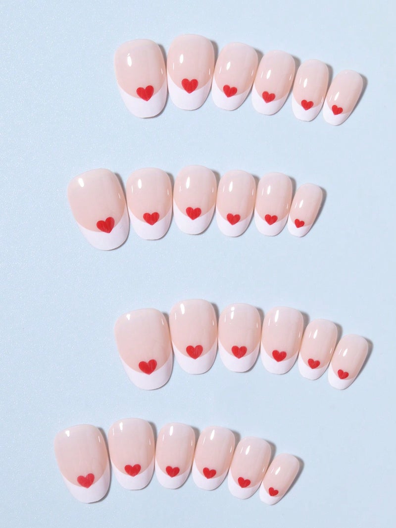 أظافر تركيب بتصميم فرنش أبيض مزين بقلوب حمراء – طقم 24 ظفر مع ملصقات لاصقة ومبرد - Image 3