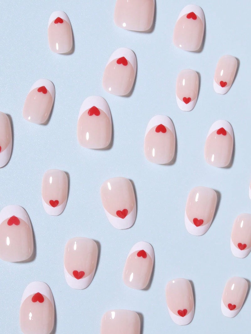 أظافر تركيب بتصميم فرنش أبيض مزين بقلوب حمراء – طقم 24 ظفر مع ملصقات لاصقة ومبرد - Image 2