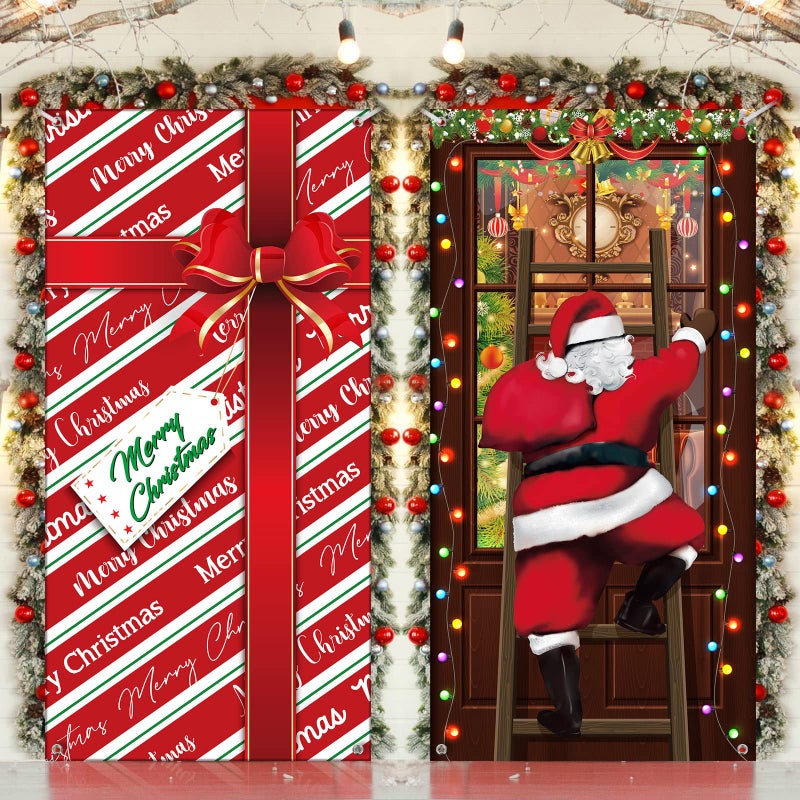 Tiamon Tiamon 2 Pcs Christmas Decorations Santa Door Cover Xmas Backdrop Banner with Santa Climbing The Window and Gift Pattern Eve Decor for Party House Photo Booth Props