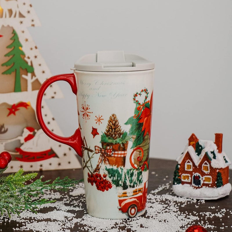 TZSSP Coffee Ceramic Porcelain Latte Tea Cup With Lid in Box 17oz Christmas Truck Mug - Image 2