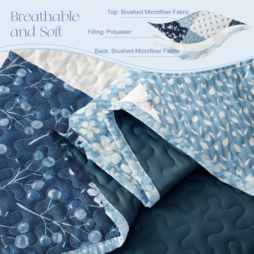 Exclusivo Mezcla Reversible Boho Quilt Set Queen Size, 3 Pieces Patchwork Blue All Season Bedspreads, Ultra Soft Floral Coverlet Bedding Set with Printed Pattern (1 Quilt, 2 Pillow Shams) - Image 4