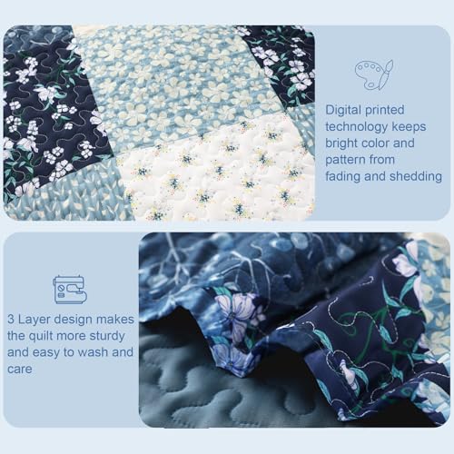 Exclusivo Mezcla Reversible Boho Quilt Set Queen Size, 3 Pieces Patchwork Blue All Season Bedspreads, Ultra Soft Floral Coverlet Bedding Set with Printed Pattern (1 Quilt, 2 Pillow Shams) - Image 5