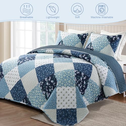 Exclusivo Mezcla Reversible Boho Quilt Set Queen Size, 3 Pieces Patchwork Blue All Season Bedspreads, Ultra Soft Floral Coverlet Bedding Set with Printed Pattern (1 Quilt, 2 Pillow Shams) - Image 2