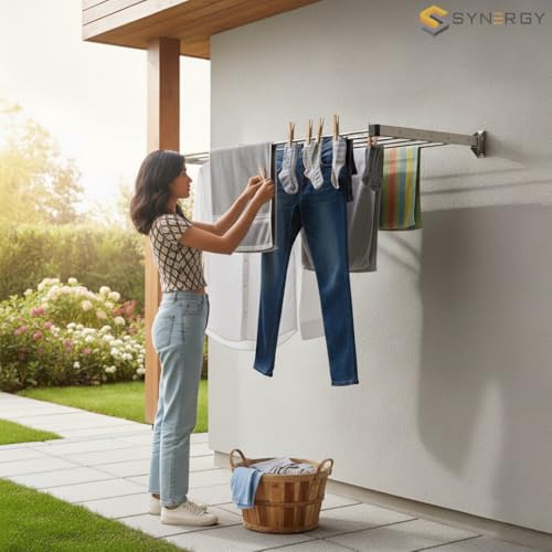 Synergy - 5 Pipes x 2 Feet - Heavy Duty Stainless Steel Clothes Drying Stand Wall Mounted | Cloth Hanging Stand | Clothes Drying Stand for Balcony | Foldable Cloth Hanger for Drying [SY-GL1] - Image 2