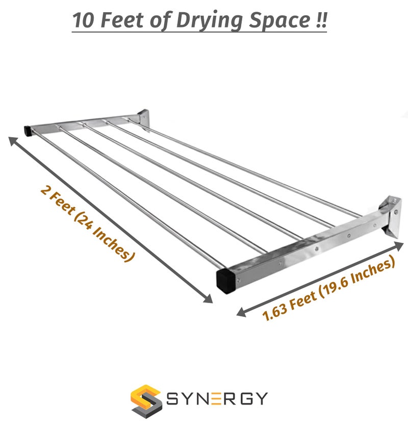 Synergy - 5 Pipes x 2 Feet - Heavy Duty Stainless Steel Clothes Drying Stand Wall Mounted | Cloth Hanging Stand | Clothes Drying Stand for Balcony | Foldable Cloth Hanger for Drying [SY-GL1] - Image 4