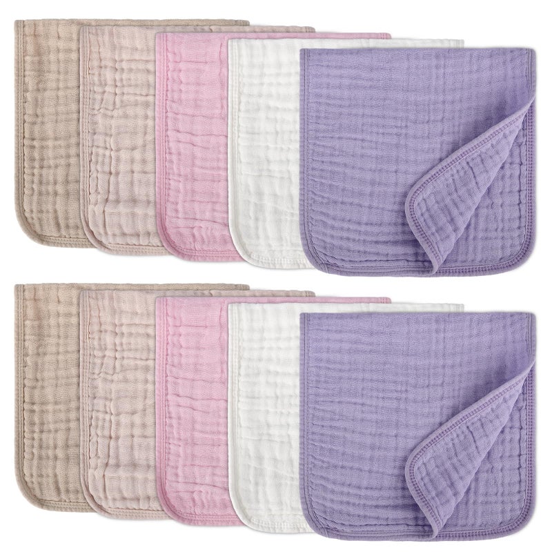 Arnzion 10 Pack Muslin Burp Cloths for Baby Girls 100% Cotton 20x10 Inch Popular Girl Colors Set Purple Pink Beige Brown White Soft Absorbent Newborn Infant Burping Cloths - Image 1