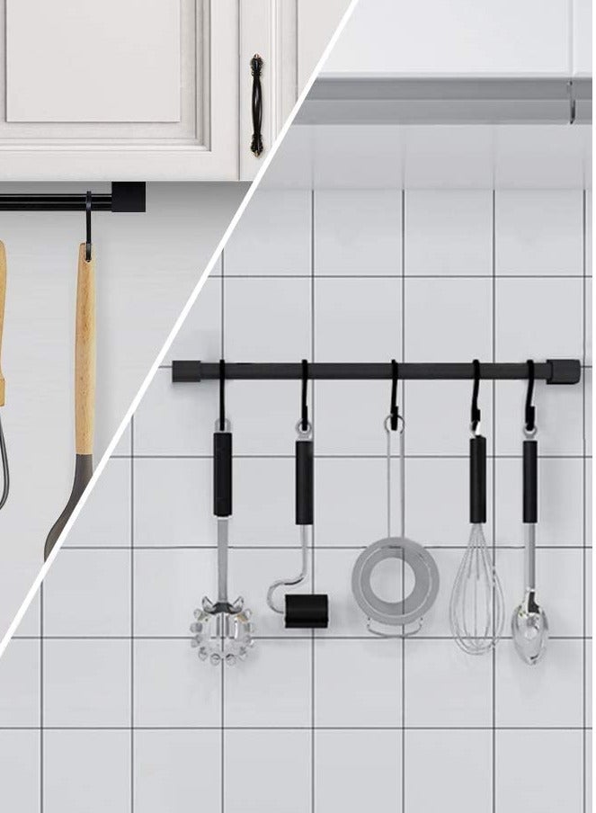 ساكن رف أواني مثبت على الحائط مقاس 12 بوصة مع 5 خطافات وقضبان سباكة صناعية لغطاء وعاء المطبخ وغطاء الوعاء، منظم متعدد الاستخدامات مثبت على الحائط (عبوة واحدة باللون الأسود) - Image 2