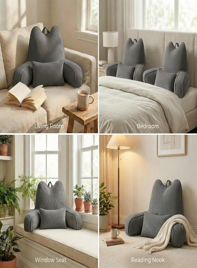 Ailuteie Corduroy Reading Pillow with Arms, Ergonomic Bed Rest Pillow for Sitting in Bed, Upper Back Support with Detachable Lumbar Pillow, Reading & Relaxing, Dark Grey - Image 4