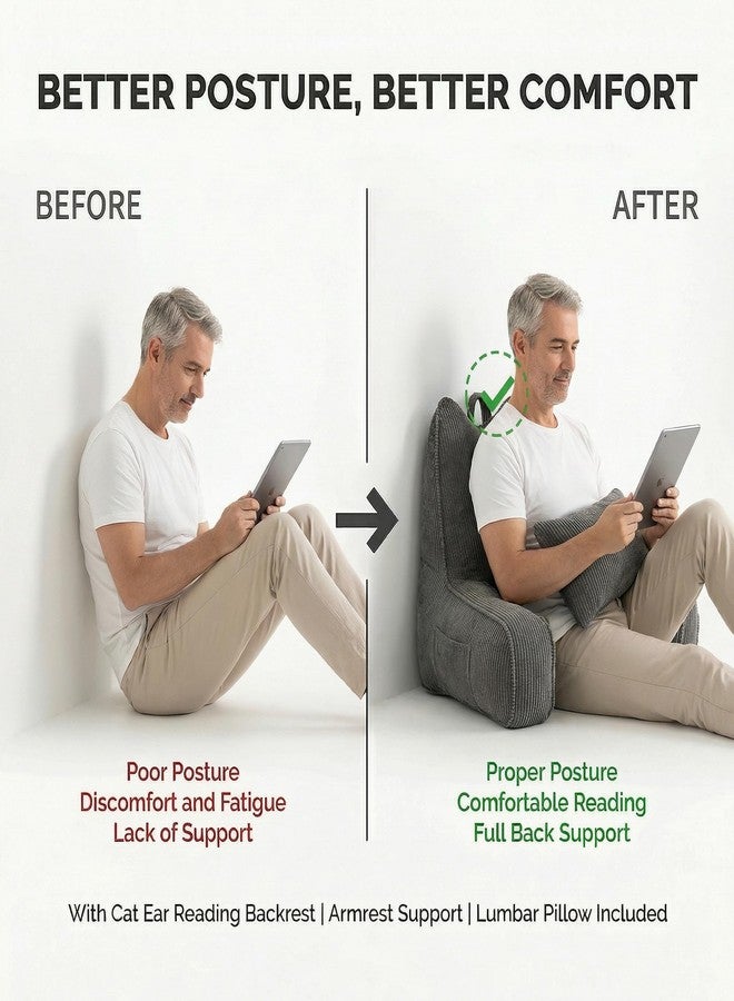 Ailuteie Corduroy Reading Pillow with Arms, Ergonomic Bed Rest Pillow for Sitting in Bed, Upper Back Support with Detachable Lumbar Pillow, Reading & Relaxing, Dark Grey - Image 2