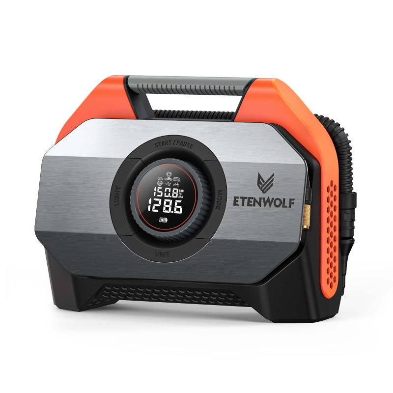 ETENWOLF VORTEX S6 Tire Inflator Portable Air Compressor for Heavyduty Vehicle Cordless Air Pump for Car Inflatables with 19200 mAh Battery 100 Duty Cycle Dual Cylinder Bike Pump Vivid Orange
