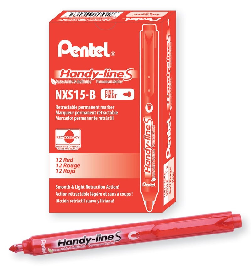 Pentel Handy-line S Retractable and Refillable Permanent Marker, Red Barrel, Red Ink, Box of 12 (NXS15-B) - Image 1