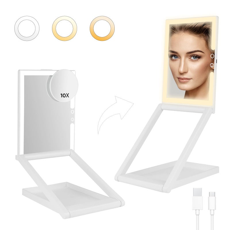 GURUN Adjustable Height Portable Folding Travel Makeup Mirror with 3 Colors Light 10X Magnification 2000mha Rechargeable Tabletop Vanity Mirror Brightness Adjustable M30032000