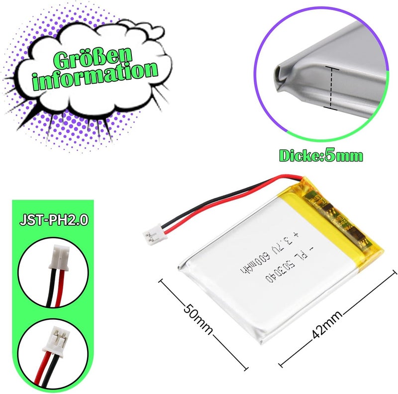 Uxney 3.7 V 600 mAh Battery 503040 Lithium-Polymer Ion Lithium-Ion Li-Po Battery with 2P-PH Connection with 2.0 mm Pitch - Image 2