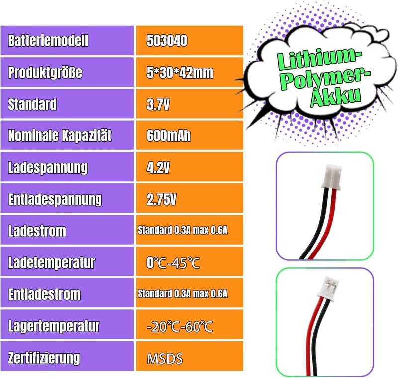 Uxney 3.7 V 600 mAh Battery 503040 Lithium-Polymer Ion Lithium-Ion Li-Po Battery with 2P-PH Connection with 2.0 mm Pitch - Image 4