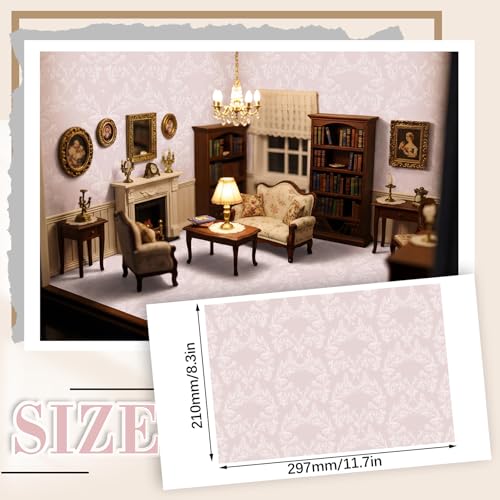 Flutesan 12 Pcs Miniature Dollhouse Wallpaper and Flooring Peel and Stick Mini DIY Self Adhesive Dollhouse Accessories 827 x 1169 Inch Vintage Pink - Image 5