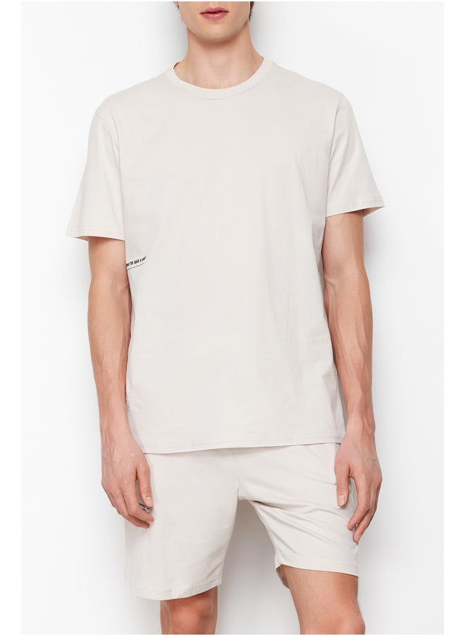 trendyol - Men's Beige Slogan Printed Knitted Pajamas Set - Image 1