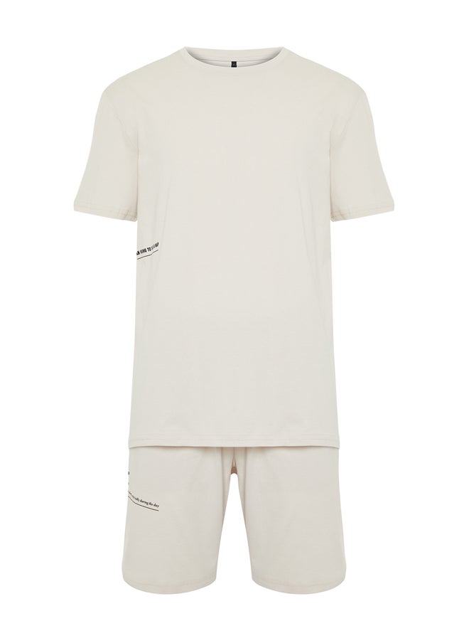 trendyol - Men's Beige Slogan Printed Knitted Pajamas Set - Image 1