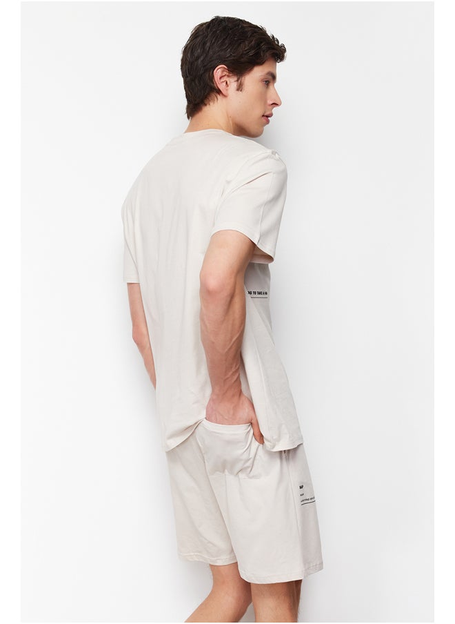 trendyol - Men's Beige Slogan Printed Knitted Pajamas Set - Image 1