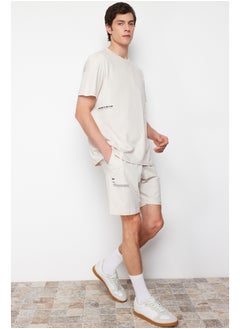 Men's Beige Slogan Printed Knitted Pajamas Set