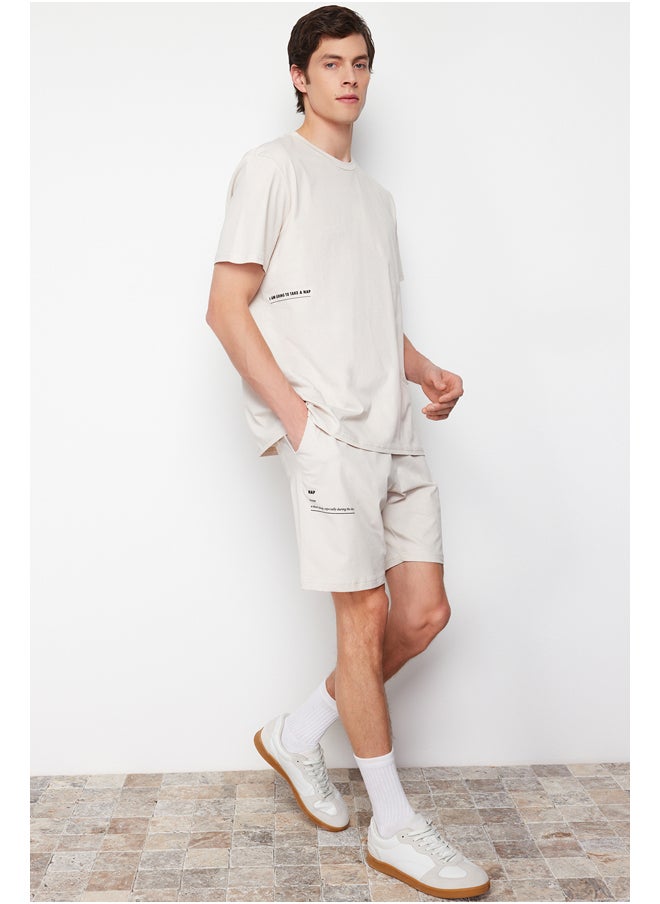 trendyol - Men's Beige Slogan Printed Knitted Pajamas Set - Image 1