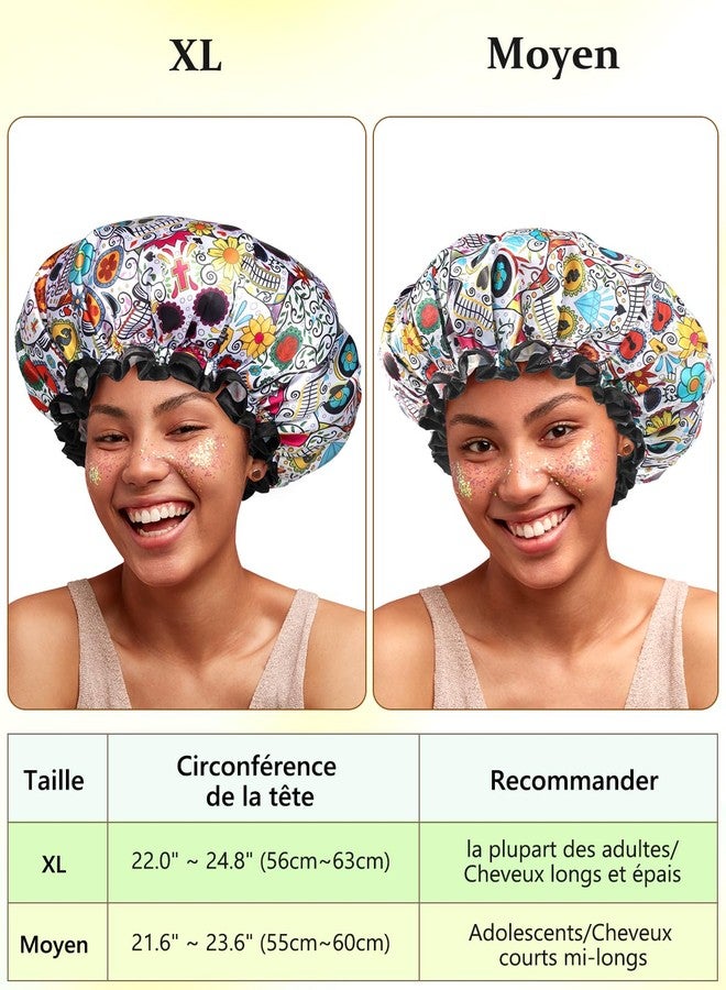 mikimini Shower Cap for Women Reusable Waterproof, Hair Cap for Shower with Double Layers, Stylish Vibrant Designed Shower Bonnet for Medium Thick Hair, Medium, 2 Pieces - Image 2