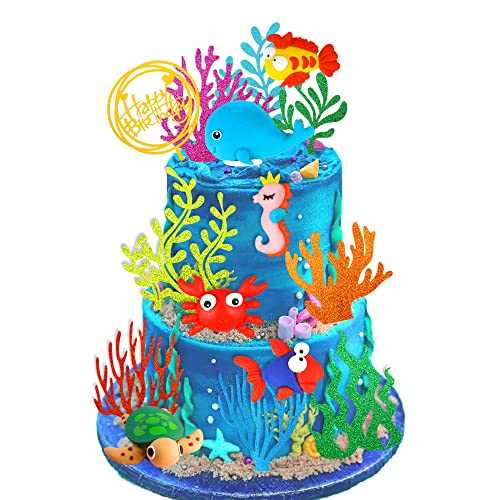 DRWATE 15 PCS Sea Ocean Theme Birthday Cake Decoration Toppers Fishing Cake Ocean Animals Sea Cake Decorations for Under the Sea Theme Baby Shower Birthday Party Supplies - Image 1