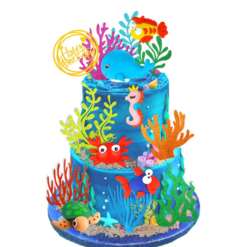 DRWATE 15 PCS Sea Ocean Theme Birthday Cake Decoration Toppers Fishing Cake Ocean Animals Sea Cake Decorations for Under the Sea Theme Baby Shower Birthday Party Supplies - Image 2