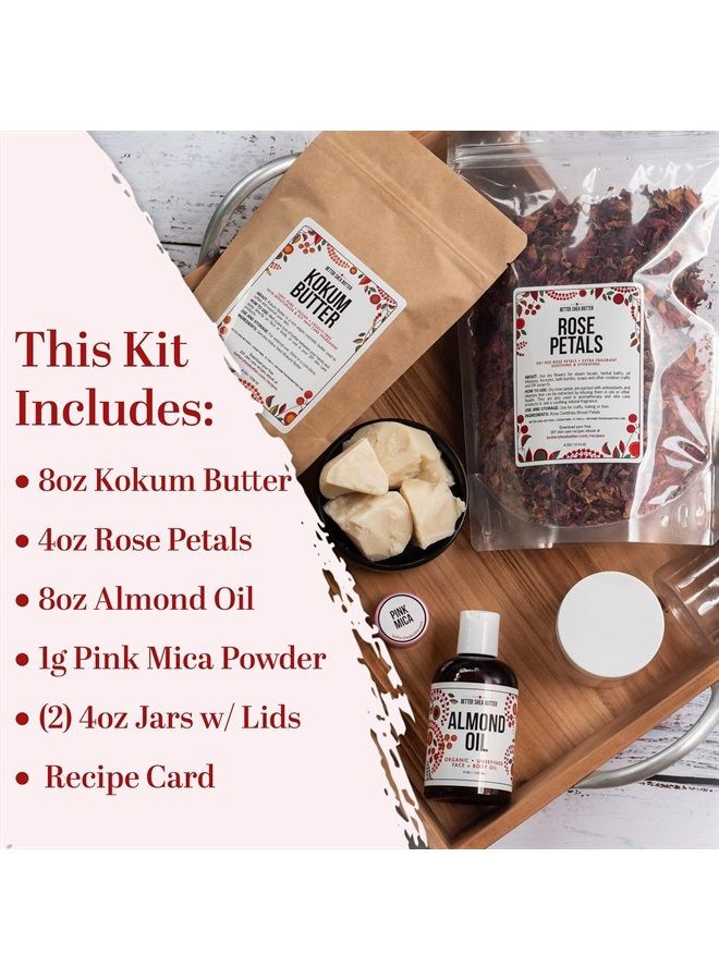 Better Shea Butter Body Butter Making Kit, Includes Kokum Butter, Almond Oil, Dry Rose Petals, Pink Mica, 2 Jars & DIY Recipe Card with Link to Video Tutorial - Natural Whipped Body Lotion Making Kit - Image 1