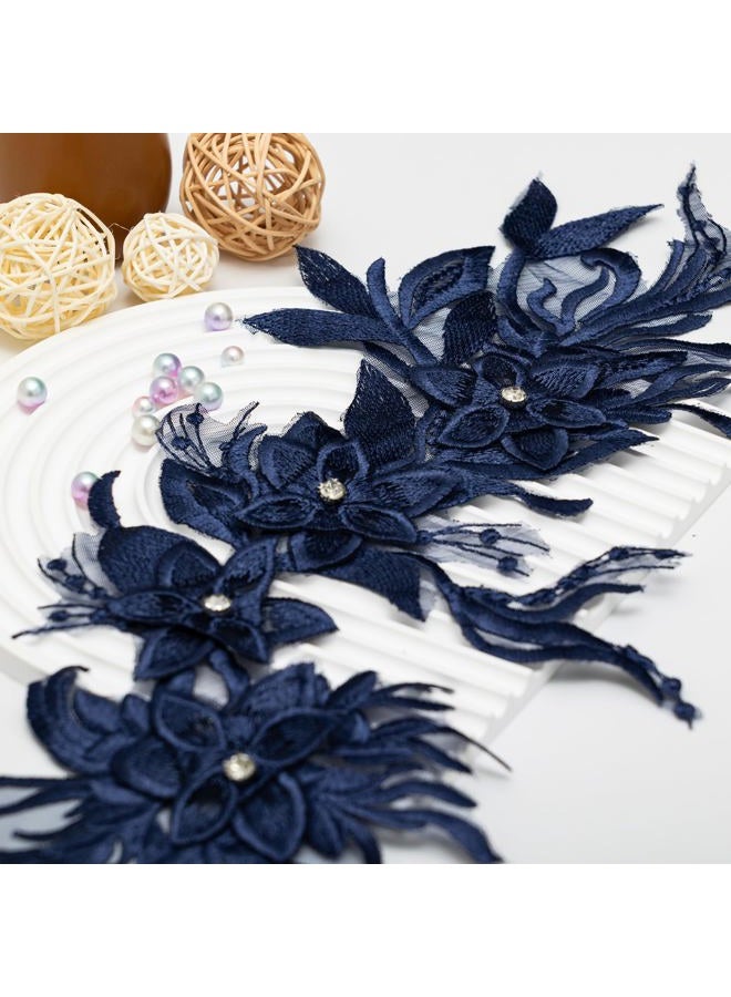 Silvora Phoenix Peacock Feather Tail Fabric Beaded Lace Applique,3D Embroidered Flower Fabric Patch for Bridal Dress, Handmade Sewing Tool for Wedding DIY Crafts(Navy Blue) - Image 3
