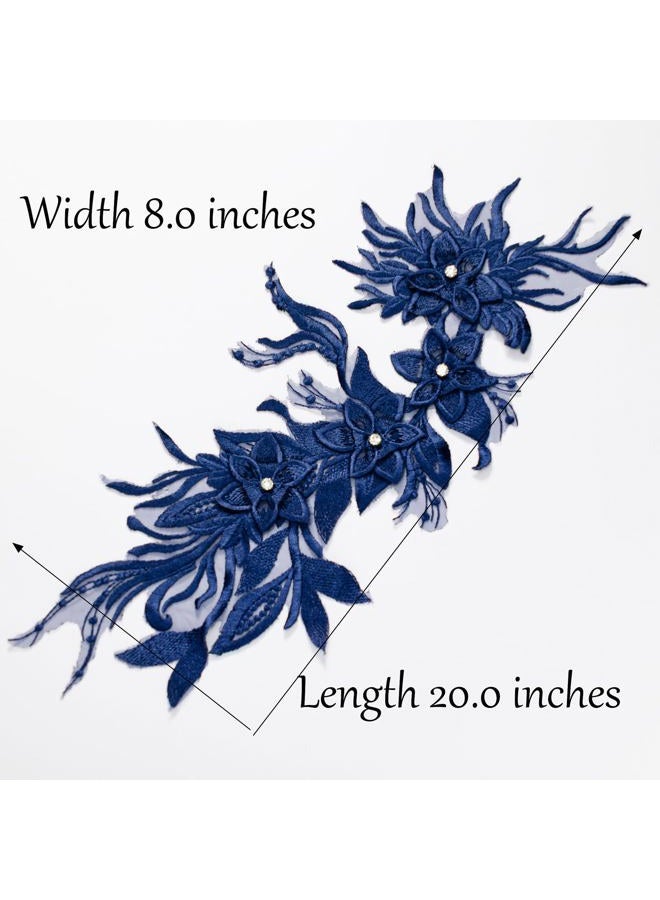 Silvora Phoenix Peacock Feather Tail Fabric Beaded Lace Applique,3D Embroidered Flower Fabric Patch for Bridal Dress, Handmade Sewing Tool for Wedding DIY Crafts(Navy Blue) - Image 2