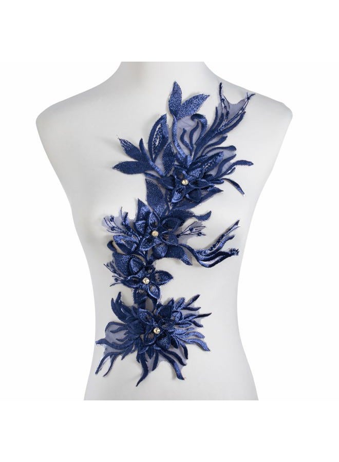Silvora Phoenix Peacock Feather Tail Fabric Beaded Lace Applique,3D Embroidered Flower Fabric Patch for Bridal Dress, Handmade Sewing Tool for Wedding DIY Crafts(Navy Blue) - Image 1