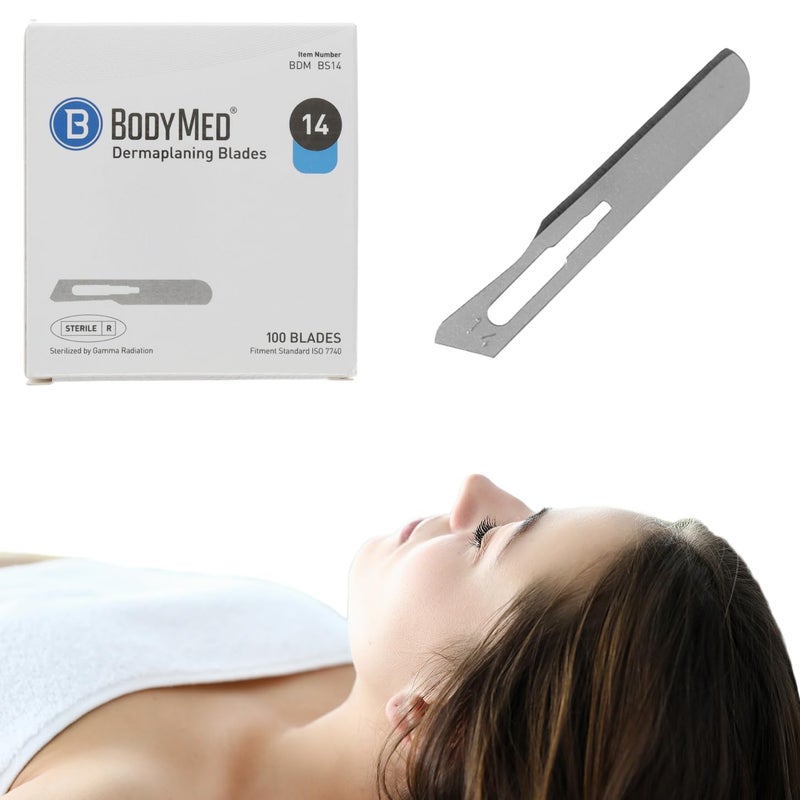 BodyMed شفرات ديرما بلانينغ من بودي ميد #14 من الفولاذ الكربوني، 100 قطعة - شفرات جراحية معقمة وقابلة للتخلص، للاستخدام من قبل أخصائيي التجميل، تقشير الوجه، إزالة الشعر، العناية بالبشرة، الاستخدام الجراحي وطب الأقدام - Image 1