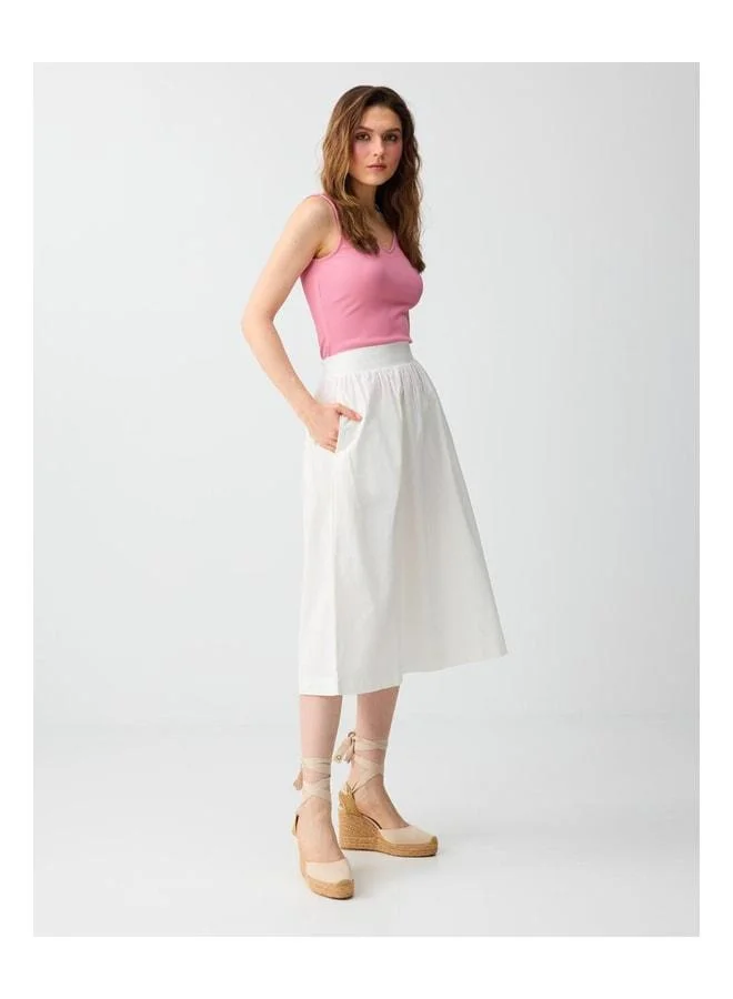 Jimmy Key Off-White %100 Cotton Regular Waist Comfortable Fit Midi Skirt.