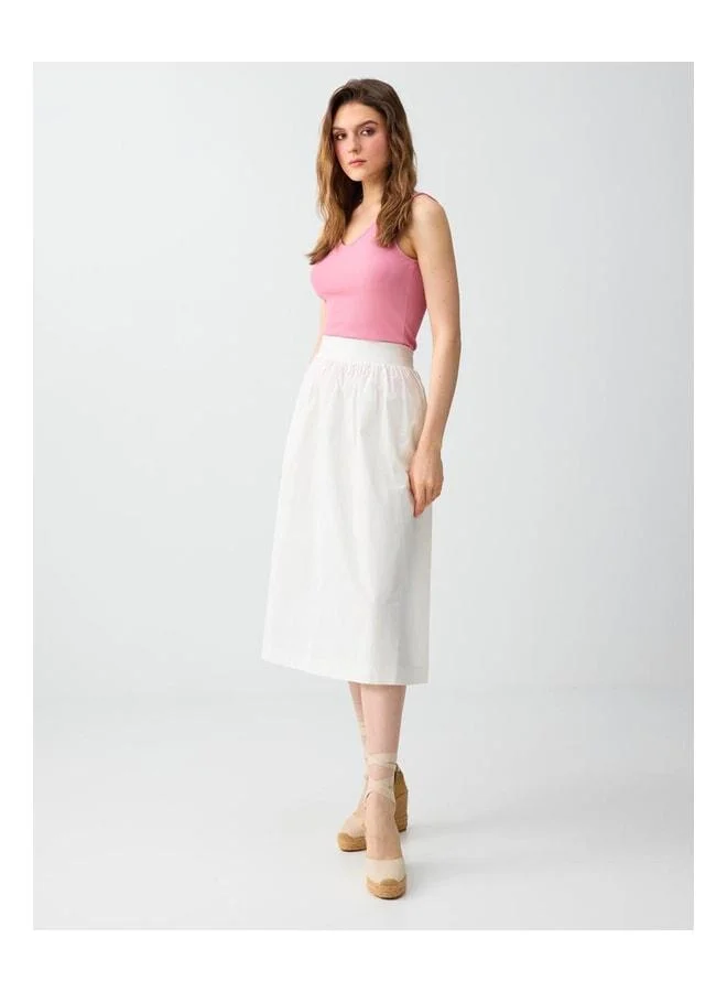 Jimmy Key Off-White %100 Cotton Regular Waist Comfortable Fit Midi Skirt.