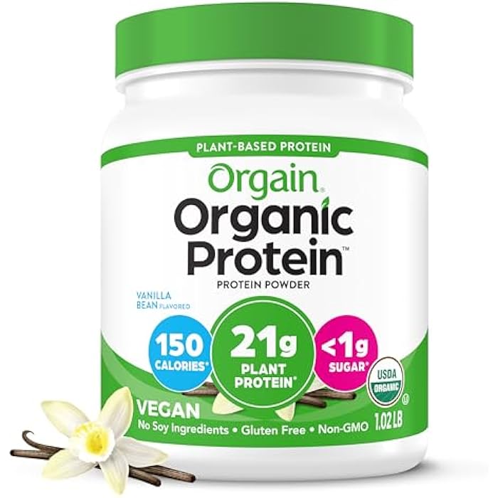 Orgain Organic Vegan Protein Powder, Vanilla Bean - 21g Plant Based Protein, 4g Prebiotic Fiber, No Lactose Ingredients, No Added Sugar, Non-GMO, For Shakes & Smoothies, 1.02 lb (Packaging May Vary) - Image 1