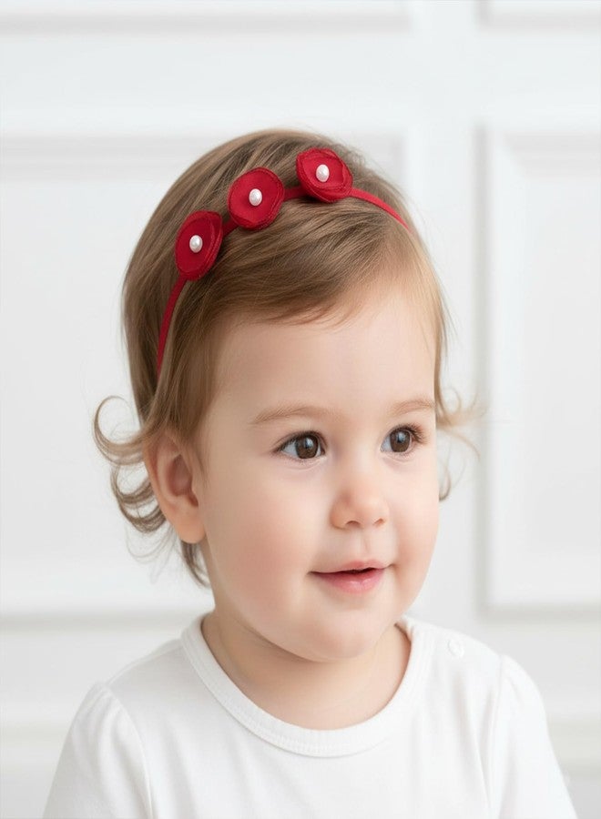 SYGA 3 Pack Baby Girl Headbands - Soft Stretchable Satin Bow & Pearl Flower Hairbands, Elegant Elastic Headband for Newborns, Infants & Toddlers for 0-3 Years (Red, Style 1050) - Image 3