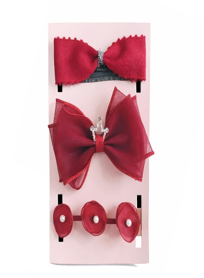 SYGA 3 Pack Baby Girl Headbands - Soft Stretchable Satin Bow & Pearl Flower Hairbands, Elegant Elastic Headband for Newborns, Infants & Toddlers for 0-3 Years (Red, Style 1050) - Image 1