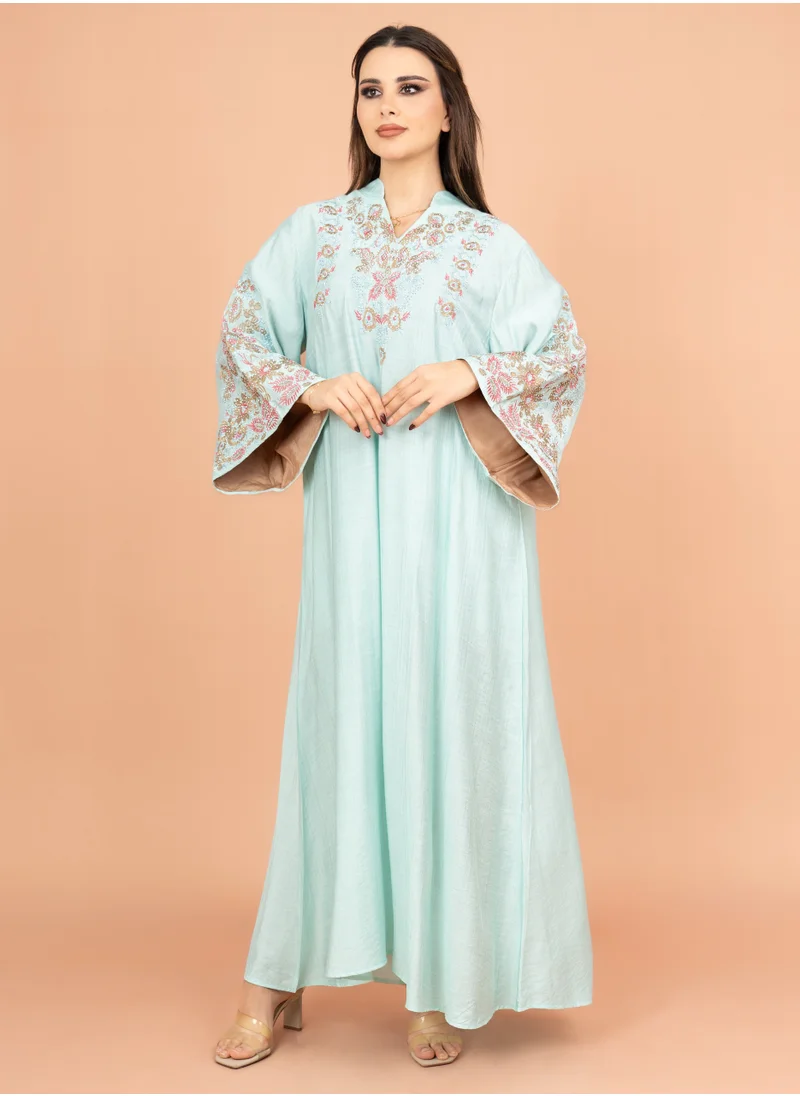 IKKXA Crystal-Embellished Embroidered Jalabiya IK4002 Turquoise