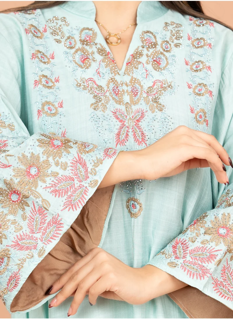 IKKXA Crystal-Embellished Embroidered Jalabiya IK4002 Turquoise