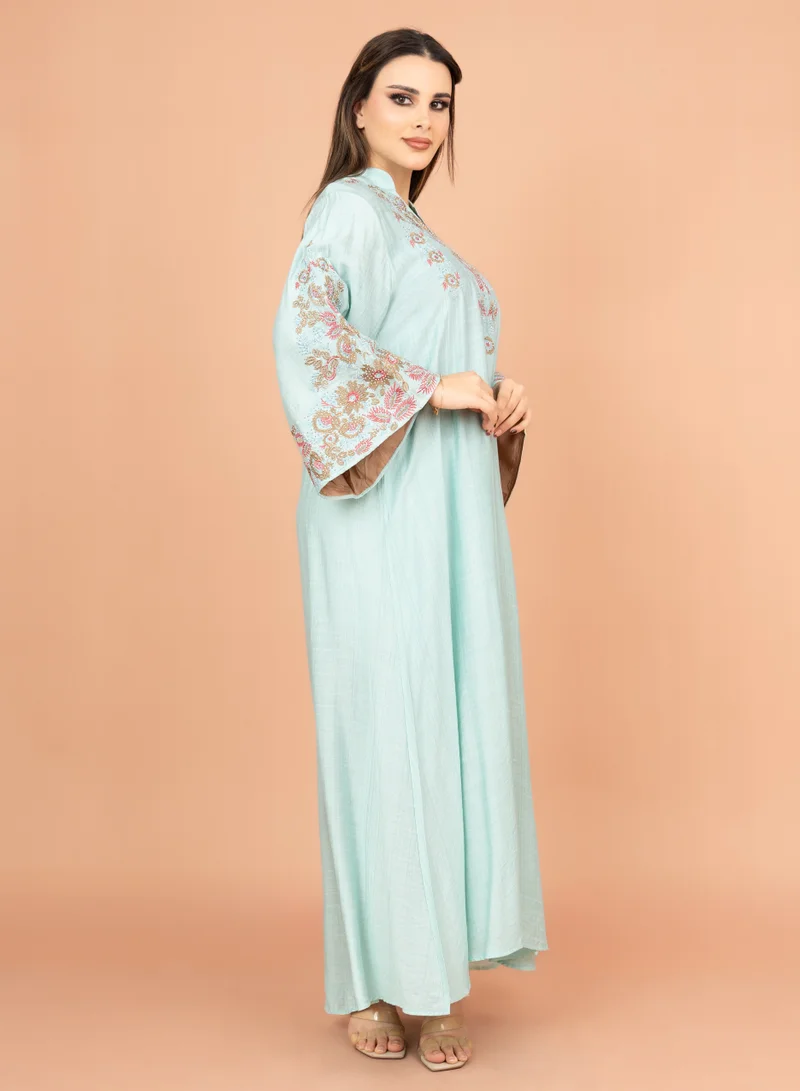 IKKXA Crystal-Embellished Embroidered Jalabiya IK4002 Turquoise