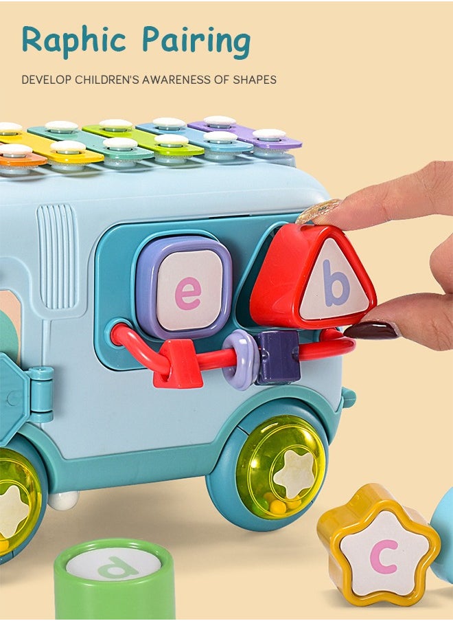GROIC - Baby Musical Push And Pull Bus Toys, Multifunctional Music Bus with Xylophone Instruments Shape Sorting Building Blocks And Removable Wheel Bell Montessori Educational Toy for Toddlers - Image 1