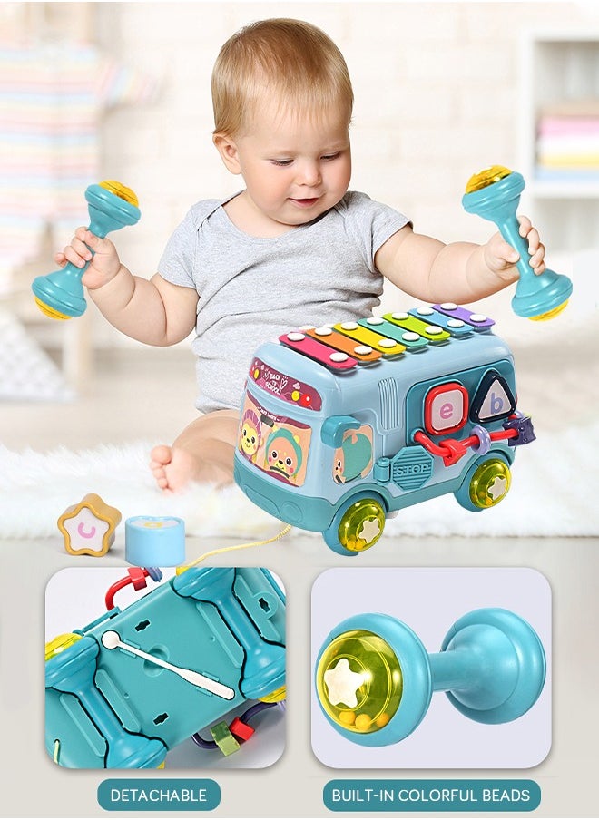 GROIC - Baby Musical Push And Pull Bus Toys, Multifunctional Music Bus with Xylophone Instruments Shape Sorting Building Blocks And Removable Wheel Bell Montessori Educational Toy for Toddlers - Image 1